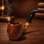 Ručno izrađena lula Anduin od korijena vrijeska, dio serije Gondor. Prikaz prirodnog uzorka drveta, uz rustikalnu pozadinu starih knjiga i blagog dima