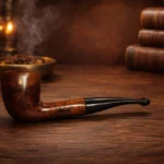 Ručno izrađena lula Anarion od korijena vrijeska, prikazana u bočnom pogledu sa zaštitnim znakom “Inta”, smještena u rustikalnoj pozadini i atmosferi.