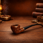 Ručno izrađena lula Aman-din od korijena vrijeska, dio serije Gondor. Prikaz prirodnog uzorka drveta, uz rustikalnu pozadinu starih knjiga i zadimljenu prostoriju