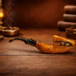 Ručno izrađena lula Sirenil – Šumska kraljica od korijena vrijeska, dio serije Numenor. Prikaz prirodnog uzorka drveta, uz rustikalnu pozadinu starih knjiga.