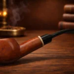 Ručno izrađena lula Palantir od korijena vrijeska, dio serije Numenor. Istaknut prirodni uzorak drveta, smještena u toplu, rustikalnu atmosferu starih knjiga i blagog dima