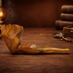 Ručno izrađena lula Eregion od korijena vrijeska, dio serije Numenor. Prikaz prirodnog uzorka drveta, uz rustikalnu pozadinu starih knjiga i toplu atmosferu.